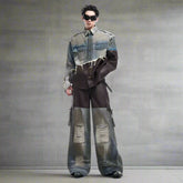 HEYFANCYSTYLE Men's Vegan Leather Wide Leg Paneled Denim Top and Jeans with Cargo Pockets